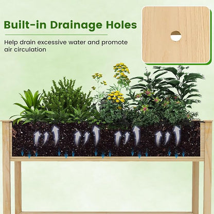 S AFSTAR 2 Pieces Wooden Raised Garden Bed with Wheels, Elevated Planter Box with Legs, Storage Shelf, Liner & Drainage Holes, Indoor Outdoor Patio Gardening Box for Vegetable, Flower & Herb