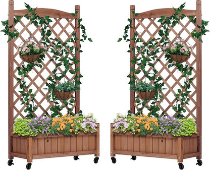 Raised Garden Bed with Trellies 2 Pack, Outdoor Wooden Planter Box & Plant Stand with Climbing Racks