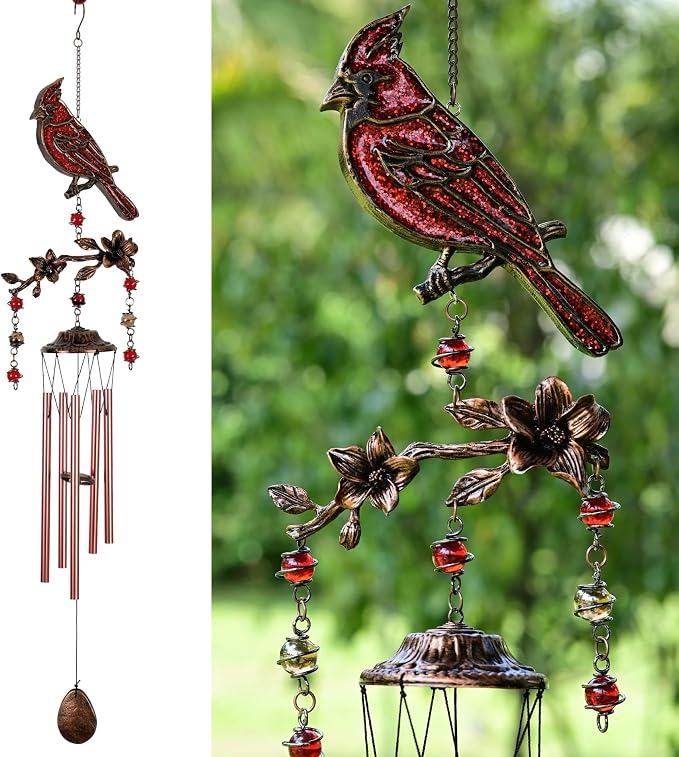Wind Chimes for Outside, Wind Chimes Outdoor Clearance, Soothing Tones Outdoors, Cardinal Wind Chime, Memorial, Sympathy Gift, Patio, Porch, Home Décor, Modern, Art Décor, Bronze (32" Cardinal)