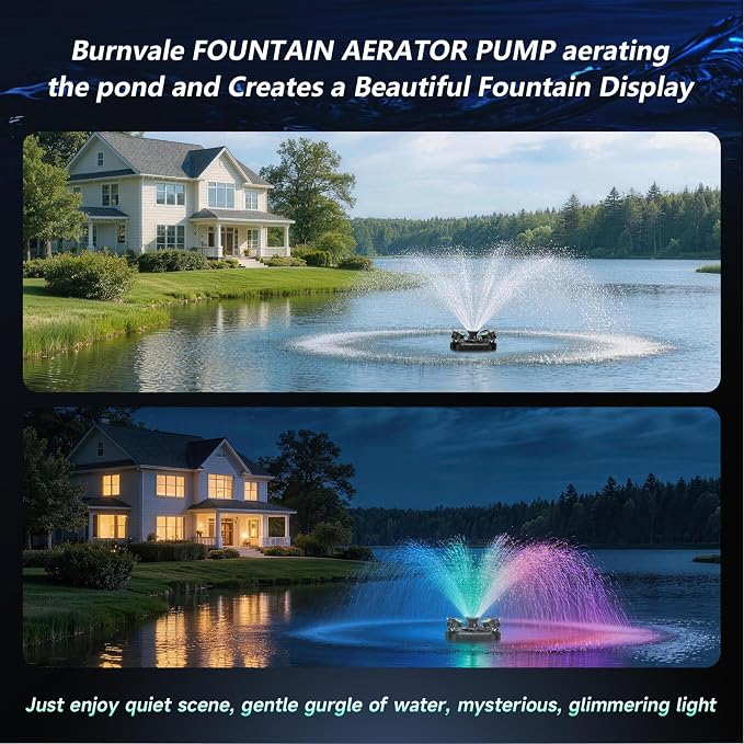 Pond Fountain Aerator, with 4RGB Lights 1HP 110V 750W 15000 GPH Stainless Steel Aerating Fountain Pump, 100 FT Power Cord, Timer, 2 x 100 FT Traction Rope, Powerful Lake Pond Aerator for Larger Ponds