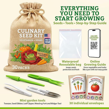 Vegetable/Herb Seeds Variety Pack - 30 Heirloom Seed Gift Kit - Made in USA