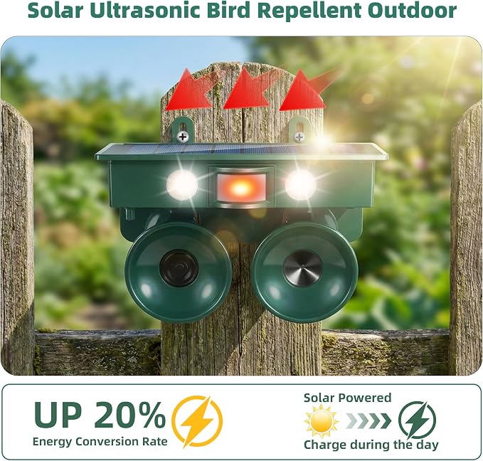 2026 Solar Ultrasonic Bird Repellent Devices Bird Deterrents for Outside IP65 Pigeon Repeller Outdoor Animal Repellent to Keep Woodpecker Pigeon Out of Balconies Patio Garden Farm