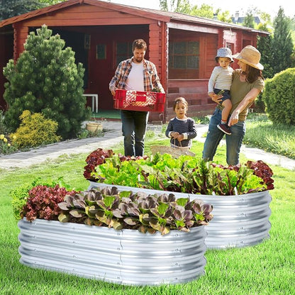 Aoodor Galvanized Raised Garden Bed Kit 2 Pcs, 4 x 2 x 1 Ft Oval Outdoor Metal Planter Box for Vegetables, Flowers & Herbs, Silver