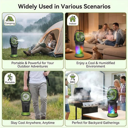 Portable Misting Fan with Remote, 2L Water Tank & 2 Spray Modes, 30000mAh Rechargeable Outdoor Cooling Fan, 4 Wind Speeds, 3 Timers, 120° Oscillation, RGB Lights & Flashlight for Camping Beach Patio