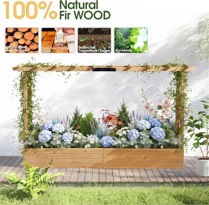VINGLI 45 in Raised Garden Bed with Trellis & Hanging Roof, Wooden Elevated Planter Box with Drainage Holes for Outdoor Climbing Plants Vegetables Flowers, Patio Yard Balcony (Teak Color, Wider)