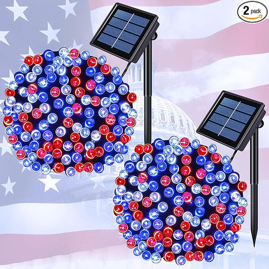 JMEXSUSS 2 Pack Solar String Lights, Red White and Blue, Total 200LED 66ft | Patriot Solar Lights Outdoor Waterproof, 8 Modes 4th of July Lights for Independence Day Patio Yard Tree Decorations