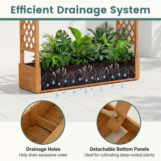 HAPPYGRILL Raised Garden Bed with Trellis, Freestanding Wood Planter Box w/Hanging Roof & Drainage Holes for Vine, Climbing Plants, Flowers, Outdoor Planter with Trellis for Garden, Patio, Yard (2)