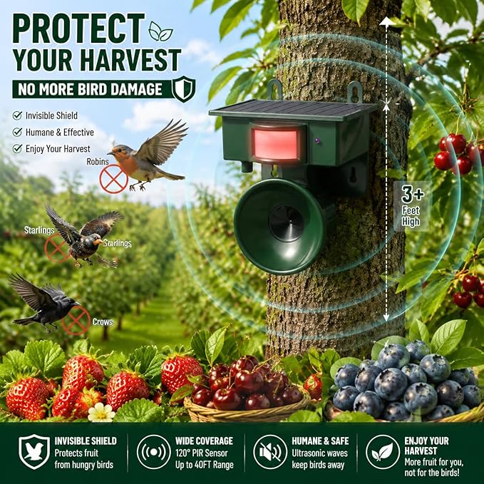 2026 Solar Ultrasonic Bird Repellent Devices Outdoor,Best Bird Deterrent for Pool,Pigeon Repellent for Balcony,Keep Crows Sparrows Starlings Out of Fruit Trees,Swimming Pool,Patio,Roof