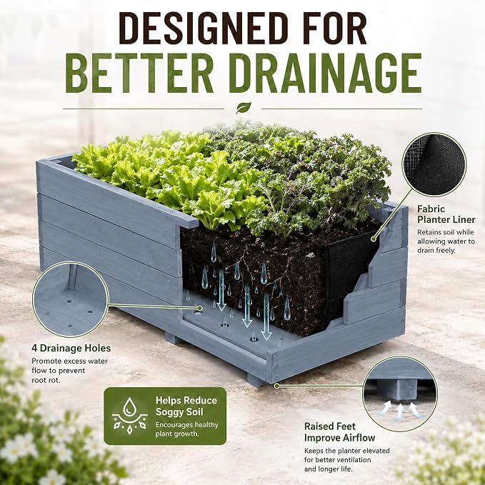 Fir Wood Raised Garden Bed Rectangular Planter for Outdoor Tomato Planter | For Herbs & Flowers Garden Includes Fabric Planter Liner, 4 Drainage Holes
