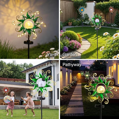 Solar Garden Lights Outdoor, Green Metal Sun Stake with 30 LED Waterproof Vine String Crackle Glass Spring Decor for Patio,Yardr,Lawn Gardening Birthday Gifts