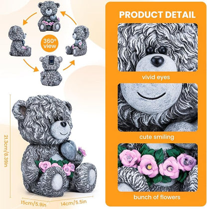YDKOJGW Solar Garden Outdoor Statues Bear with Heart and Pink Flower and 5 LED Lights-Lawn Decor Bear Statue for Patio, Balcony, Yard Ornament-Unique Housewarming Gifts for Mom, Women