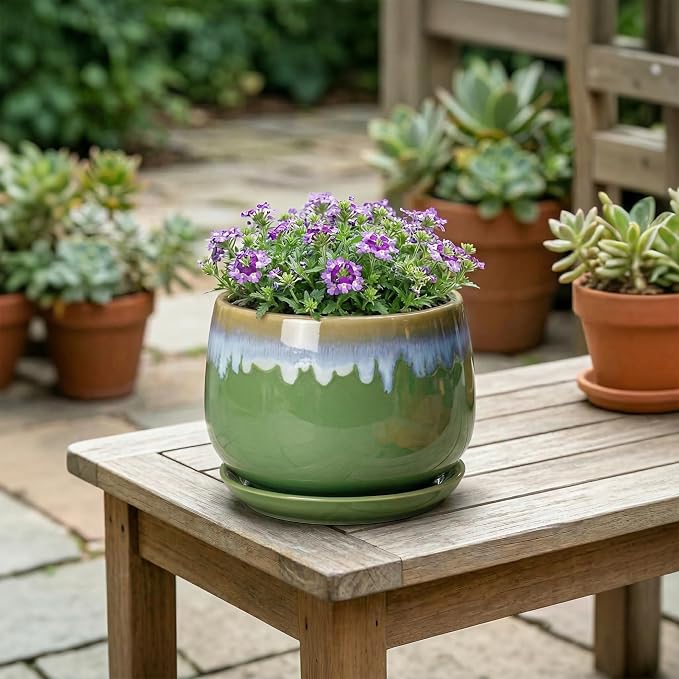Ceramic Planter 6 Inch - Ceramic Pots for Plants with Drainage and Saucer, Decorative Small Succulent Pots for Indoor Plants, Round Plant Pot, House Decor, House Warming Gifts, Green-Blue
