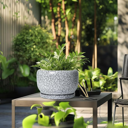 SQOWL Ceramic Planters - 10 Inch Ceramic Flower Pot with Drainage Hole and Saucer, Decorative Plant Pot Indoor, Round Large Planter Outdoor, Bathroom Decor, Gifts for Plant Lovers, Black and White