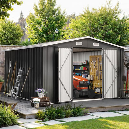 10x12FT Outdoor Storage Shed Black | Metal Garden Tool Shed with Sloping Roof & Lockable Door for Garden, Patio, Backyard