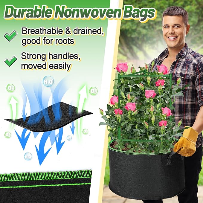 ANPHSIN Sturdy Triangle Tomato Cage with Movable 7 Gal Grow Bags - 3 Sets 47'' Plants Garden Trellis Planters, Support for Indoor Outdoor Beans, Peppers, Eggplants, Climbing Vegetables