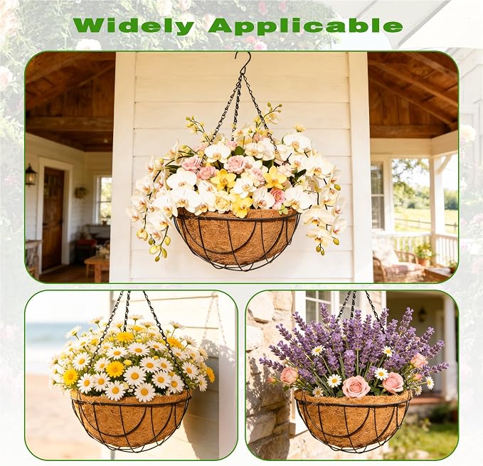 4 Pack 12 Inch Black Metal Hanging Basket Hanging Planter with Coco Coir Liner Heavy Duty Hanging Flower Pot Holder for Indoor Outdoor Patio Garden Porch Balcony Decor (Earth)