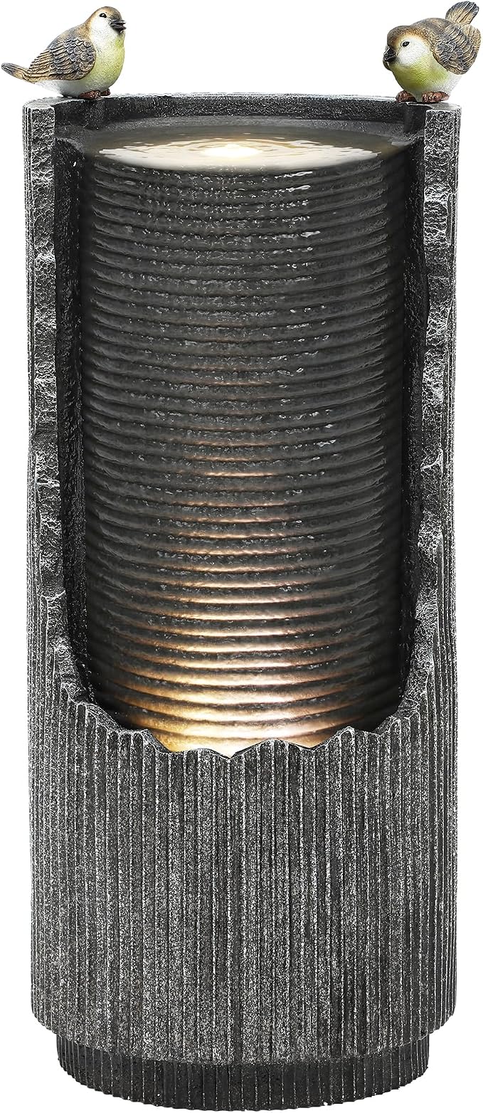 Autodaya Outdoor Water Fountain 32" Distressed Fluted Column with Lights | polyresin concrete-inspired water feature with bird sculpture, gentle cascading flow for garden, patio, deck or yard oasis