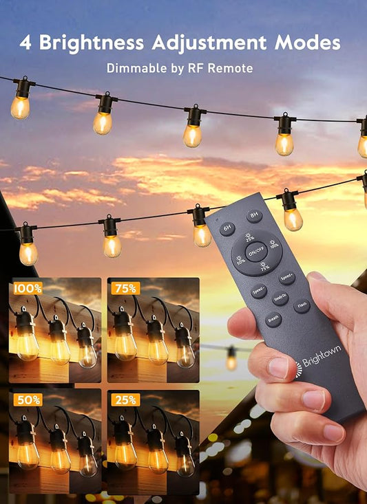 Minetom 34FT Solar String Lights Outdoor with Remote, Patio Lights with 10 LED Shatterproof Bulbs and Hooks, E26 Socket and Type-C Port, Waterproof Hanging Lights for Outside Cafe Garden Bistro