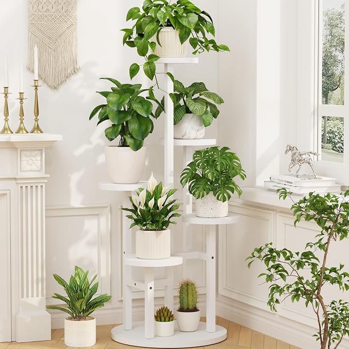 LASZOLA 5 Tiered Wood Plant Stand Indoor Corner, Flower Holder Rack Tall for Multiple Plants, Rustic Planter Shelf Display for Patio Garden Balcony Living Room， White