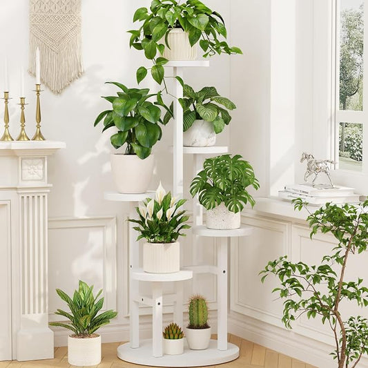 LASZOLA 5 Tiered Wood Plant Stand Indoor Corner, Flower Holder Rack Tall for Multiple Plants, Rustic Planter Shelf Display for Patio Garden Balcony Living Room， White