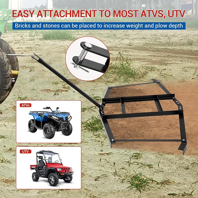 GarveeLife 74”Wide Drag Harrow, High Efficient Driveway Grader with Pin Hitch, Up to 50 LBS, Heavy Duty Lawn Leveling Rake Pull Behind Lawn Tractor Rake for Sand, Soil, Farm, Garden