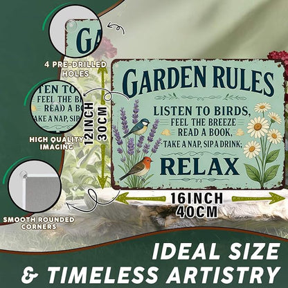 PEACHGARDEN Garden Rules Decor Yard Art Garden Wall Art Decor Vintage Metal Sign Rustic Tin Sign for Patio She Shed Backyard 12x16 inch