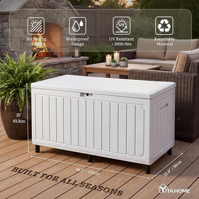 YITAHOME 90 Gallon Outdoor Storage Box with 6 Heavy-Duty Metal Legs & | Large Double-Wall Resin Deck Box, Lockable Waterproof Patio Organizer for Furniture, Cushions, White