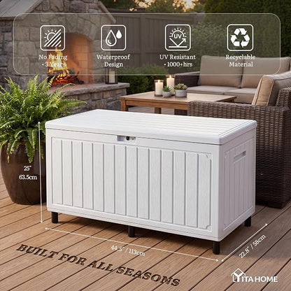YITAHOME 90 Gallon Outdoor Storage Box with 6 Heavy-Duty Metal Legs & | Large Double-Wall Resin Deck Box, Lockable Waterproof Patio Organizer for Furniture, Cushions, White
