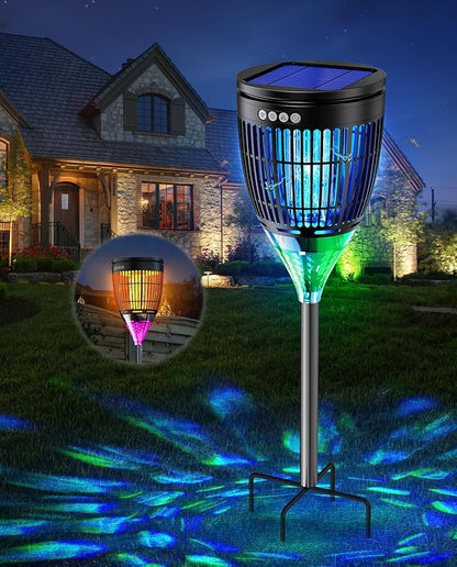Solar Bug Zapper Outdoor, Mosquito Zapper with Flame & Projector Light Cordless Waterproof, Auto On/Off, Mosquito Trap Solar Powered, 4200V Electric Fly Zapper Killer for Patio Yard Camping Garden