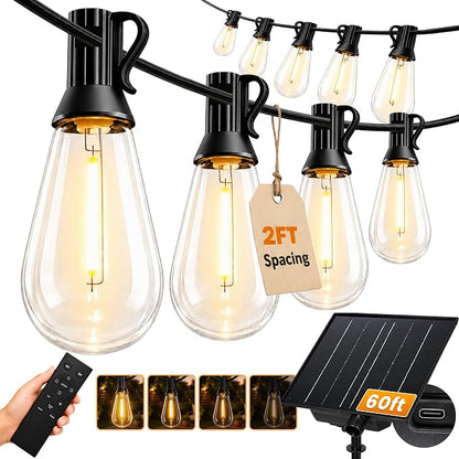 Solar String Lights Outdoor Waterproof, 60FT(54+6) 26 LED S14 Shatterproof Edison Bulbs, 2FT Spacing, 3 Modes, Dimmable, Timer, USB Solar Powered Hanging Patio Lights for Outside, Backyard