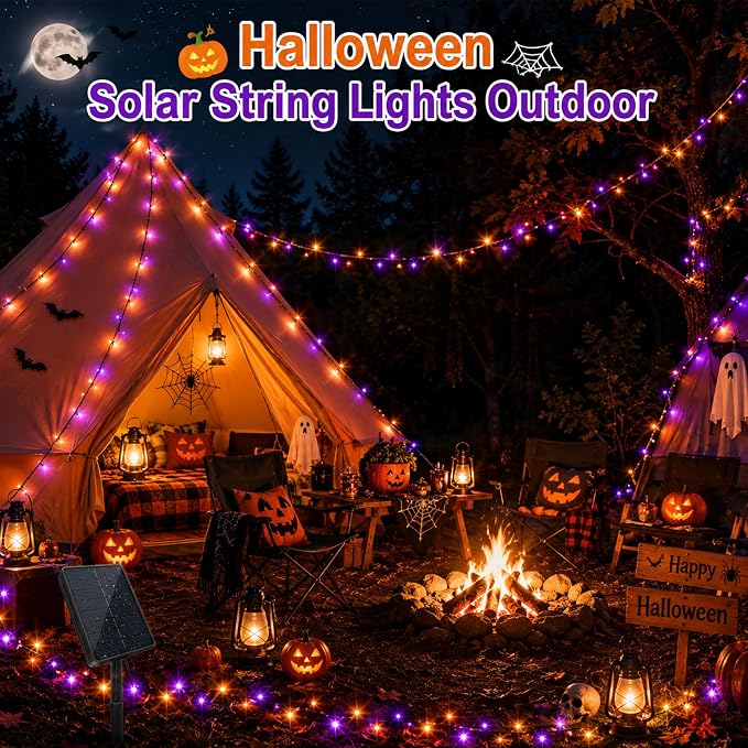2Pack Solar Halloween String Lights Outdoor, 66ft 200LEDs Purple & Orange String Light with 11 Modes, Waterproof Patriotic Solar Lights for Garden Yard Pathway Fence Party Memorial Day