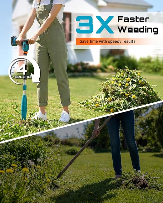SEESII Electric Stand-Up Weed Puller Tool with 40"-47" Adjustable Handle, High-Power 3-Claw Stainless Steel Spiral, 4S Deep Root Removal, One-Button Eject, Dandelion Remover & Crabgrass Puller