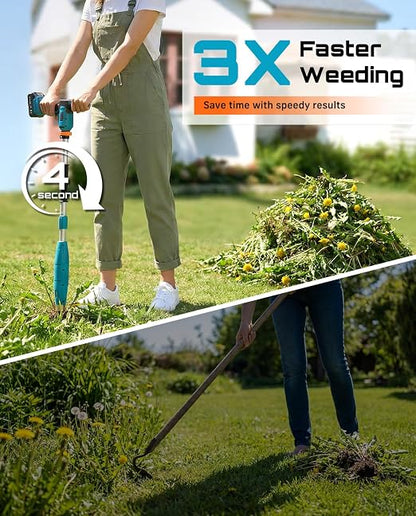 SEESII Electric Stand-Up Weed Puller Tool with 40"-47" Adjustable Handle, High-Power 3-Claw Stainless Steel Spiral, 4S Deep Root Removal, One-Button Eject, Dandelion Remover & Crabgrass Puller