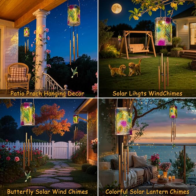 Hummingbird Solar Wind Chimes for Outside Gifts for Women,3D Multicolor Waterproof Solar Lantern Wind Chimes Outdoor Lights LED Hanging Decor for Garden, Patio, Yard Gifts for Mom Grandma