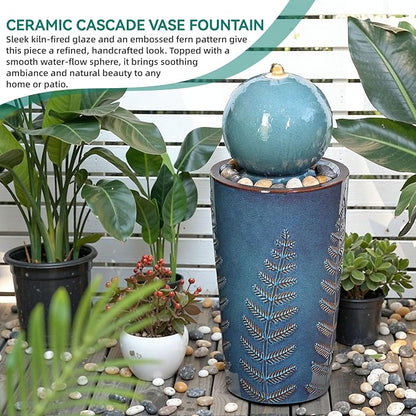 Autodaya 30" Ceramic Sphere Water Fountain with LED Lights, Teal Blue Glaze | Modern Nature-Inspired Design with Leaf Patterns & Pebbles, Soothing Trickling Water Feature for Patio, Yard, Garden, Porch