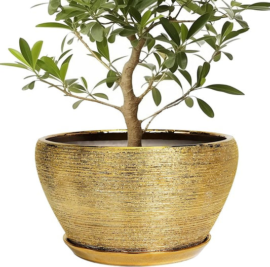 Ceramicfor Ceramic Planter 13 Inch - Indoor Plant Pot with Drainage Hole and Saucer Large Ceramic Pot for Plants Mid-Century Decorative Modern Outdoor Flower Pot for Home Decor Gold