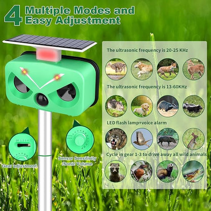 Solar Animal Repeller Ultrasonic,Cat Repellent Outdoor with Motion Detection and LED Flashing Light and Sound,Waterproof Ultrasonic Deer Repellent Repel Dog,Squirrel,Deer, Raccoon,Skunk,Rabbit
