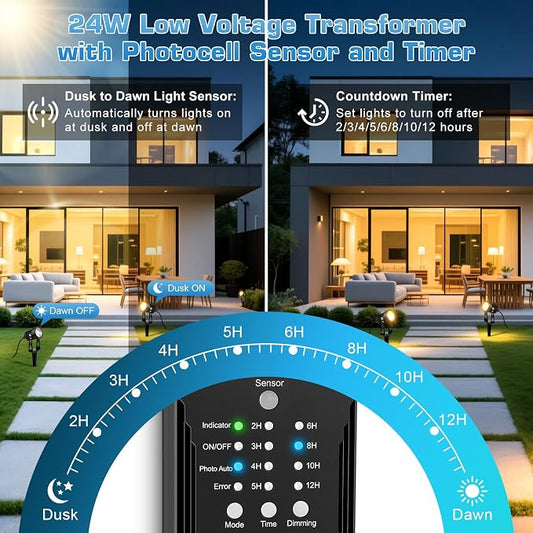 Low Voltage Landscape Lighting Kit, 6 Pack LED Spotlights with 24W Transformer, Dusk-to-Dawn Sensor & Timer, 3000K Waterproof Outdoor Landscape Lights for Yard, Garden, Pathway, Trees