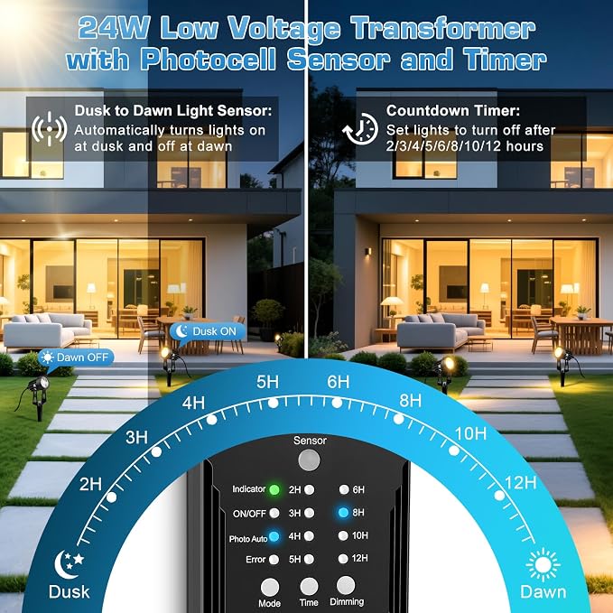 Low Voltage Landscape Lighting Kit, 8-Pack LED Spotlights with 24W Transformer, 3000K Waterproof Outdoor Lights with Timer & Dusk-to-Dawn Sensor, 75FT Wire for Yard, Garden, Patio, Pathway, Trees