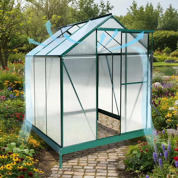 6x6 FT Greenhouse, Walk-in Polycarbonate Greenhouse, Heavy Duty Aluminum Outdoor Green House Kit with Sliding Door, Roof Vent, Rain Gutter for Backyard Garden All Season Growing, Green