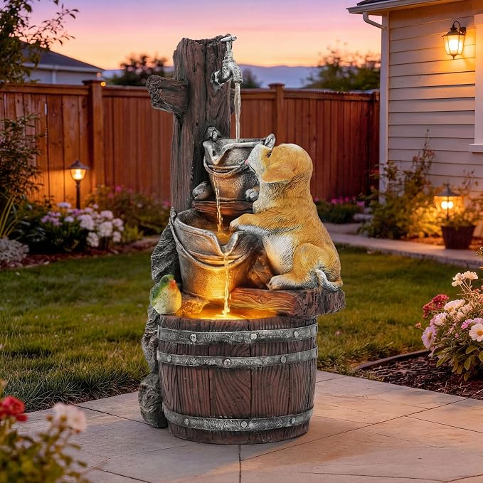 24.5" Puppy & Green Bird Outdoor Fountain with LED Lights | Pastoral Buckets & Wooden Barrel Water Feature, 3-Tiers Soothing Cascading Waterfall for Patio, Backyard, Garden