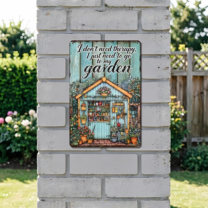 Funny Garden Metal Signs, Vintage Outdoor Wall Decor 8x12 Inch | I Don't Need Therapy, Weatherproof Aluminum Sign for Patio Yard Greenhouse, Gift For Gardeners