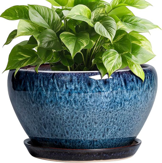 Ceramicfor Ceramic Pots for Plants - 9 Inch Plant Pot Indoor with Drainage Hole and Saucer, Ceramic Planters for Outdoor Plants, Round Modern Flower Pot, Housewarming Gifts, Home Decor, Blue
