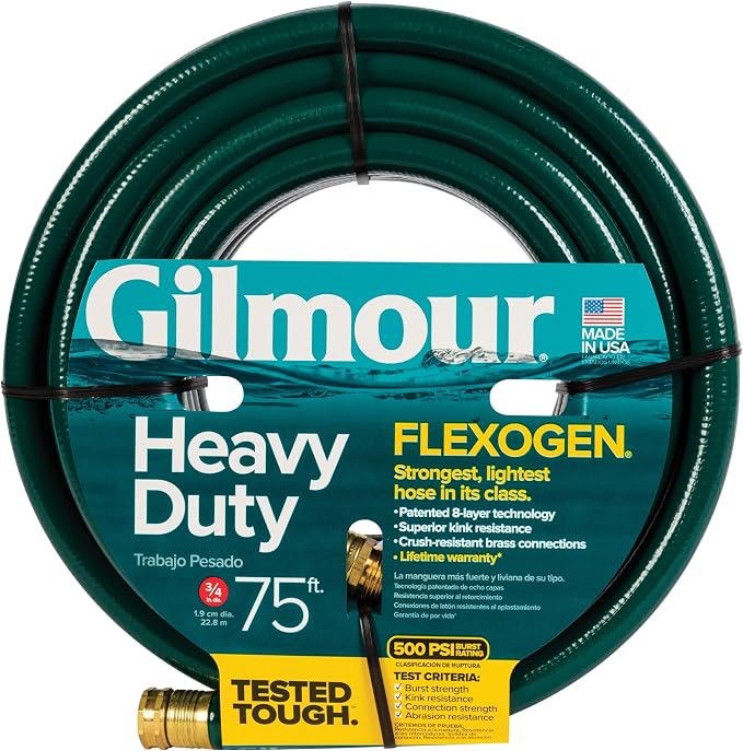 Gilmour Flexogen 3/4 in x 75 ft Garden Hose, Heavy Duty Water Hose, Flexible and Kink Resistant Outdoor Hose, Green | Heavy Duty Build, 500 PSI, Kink-Resistant Layers, Brass Fittings, All-Weather Durability, Made in USA