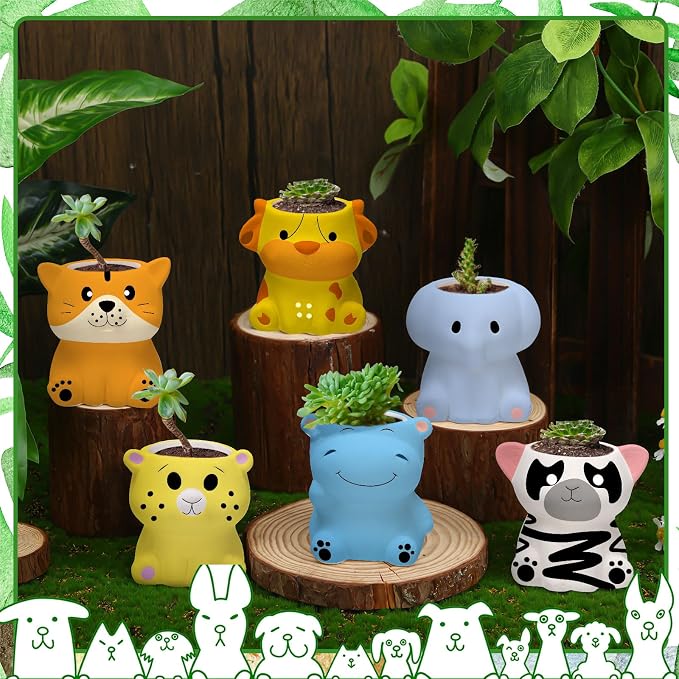 Beeveer 6 Sets Paint Your Own Ceramic Animal Succulent Planters Paintable Animal Ceramic Small DIY Figurines Unpainted Succulent Pots with Drainage Hole for Adults