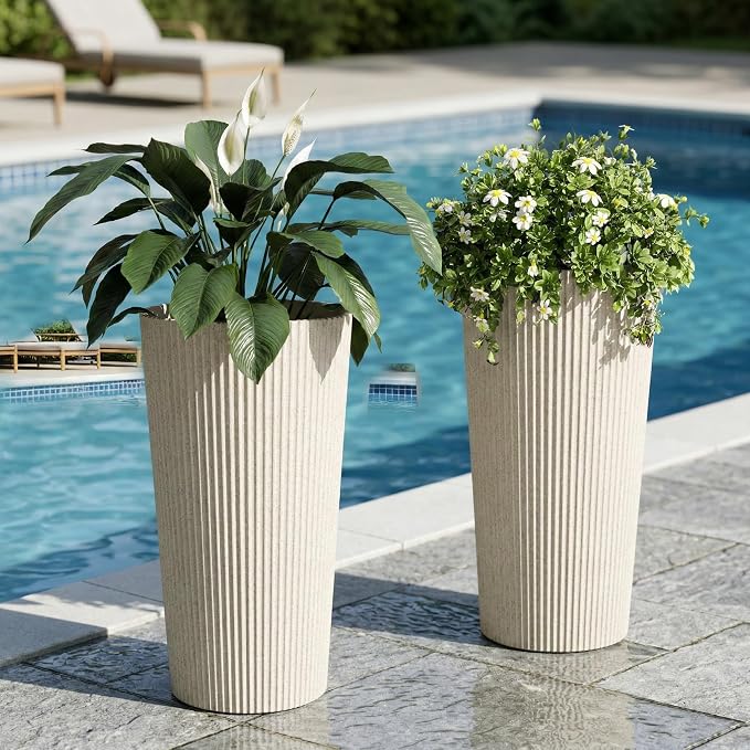 24" H Tall Planters for Outdoor Plants, 2 Pack Large Outdoor Planters for Front Porch Decor with Drainage Hole, Plastic Striped Flower Pots Fits Indoor Plants Patio Garden, Black