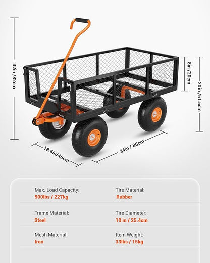 Garvee Steel Garden Cart, 500 LBS Capacity Utility Outdoor Wagon, Heavy Duty Mesh Garden Metal Wagon with Removable Sides, Flexible Handle and 10" Tires for Yard, Lawn, Garden