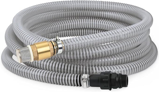 FLUENTPOWER 23FT x 1" Suction Hose Kit with Brass Fitting Check Valve and NPT 1" male Thread, Water Intake Hose Set, Aspiration Hose for Well Shallow Sprinkler Garden Booster Pump, Grayish-white