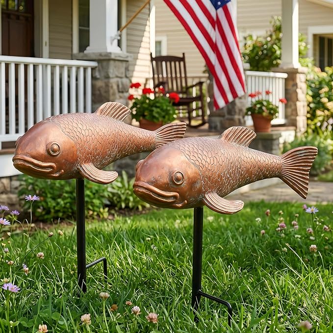 Koi Pond Decor - 2PCs Large Ceramic Bronze Antique Koi Fish Statue, Resin Real Fish Sculpture, Elegant Garden Art & Outdoor Statues for Patio