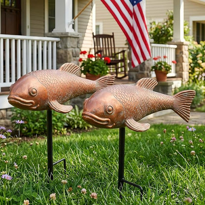 Koi Pond Decor - 2PCs Large Ceramic Bronze Antique Koi Fish Statue, Resin Real Fish Sculpture, Elegant Garden Art & Outdoor Statues for Patio